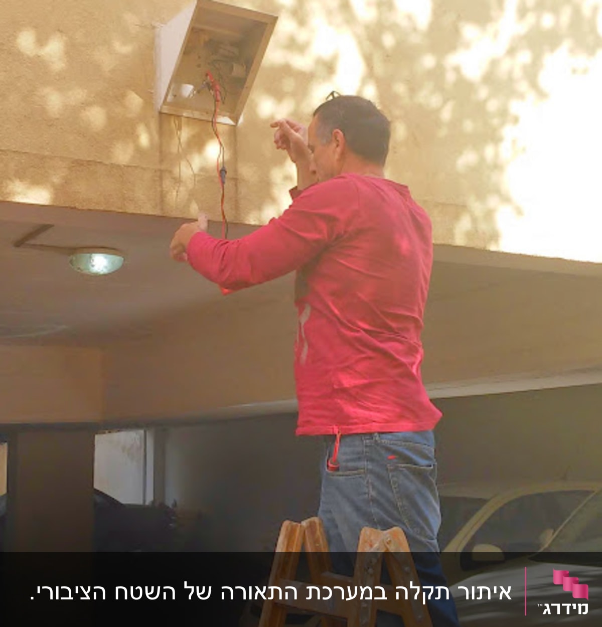 אדם על סולם עובד על חיווט חשמלי בתיבה פתוחה